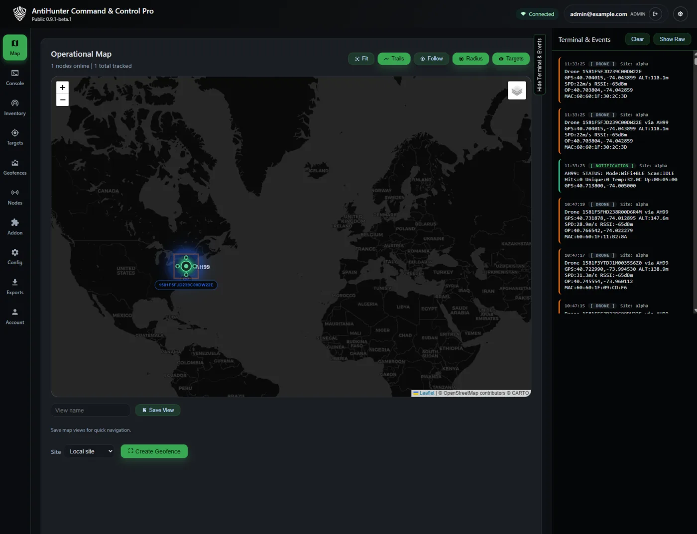 AntiHunter Command Center operational map, node tracking, drone detections, live event feed